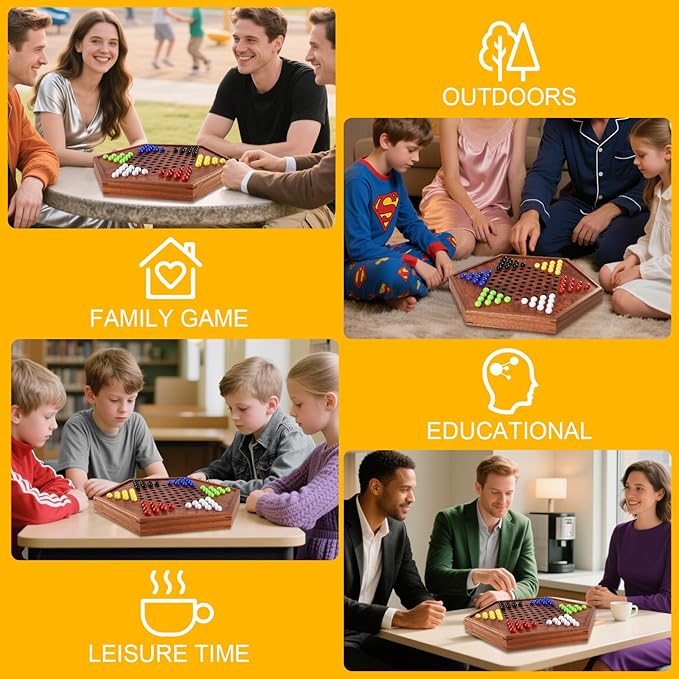 16.5" Large Chinese Checkers Upgraded Version Wooden Game Board, 16mm 60+12 Colorful Acrylic Marbles, Easy Grasping for Adults and Kids, with Storage Drawer, Fun for Family Gathering