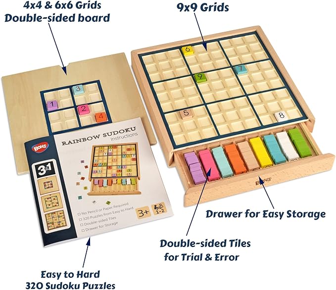 BOHS Wooden Rainbow Sudoku Puzzle - 3 in 1 Easy to Hard - with Sudoku Book of 320 Puzzles - Desktop Brain Teaser Game Toys