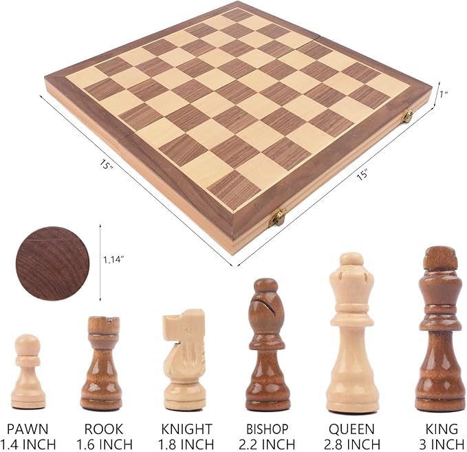 Wooden Chess and Checkers Game Sets Magnetic for Kids and Adult,Portable Travel Folding Game Board 2in1 Pieces Kits,Beginner Chessmen with Storage Slots