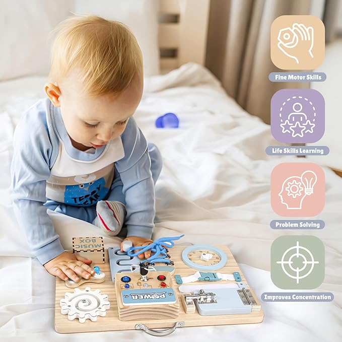 Joyreal Busy Board Montessori Toys with LED Lights, Autism Sensory Travel Toys, Fidget Board Ideal Gift for Boys Girls Wooden Toddler Toys