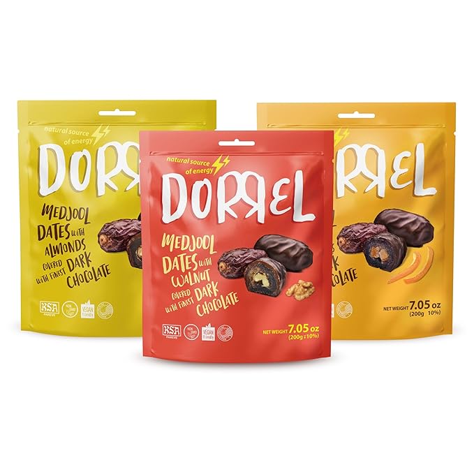 DORREL - Trio Bundle Pack: Belgian Dark Chocolate Covered Dates Medjool with Candied Orange Peels, Salted Almonds & Walnuts Stuffing, High Energy Kosher Non-GMO Vegan Choco Snack Pack of 3, 7.05 oz Ea