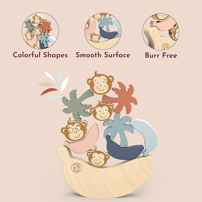 Speedy Monkey See Saw Game, Wooden Stacking Blocks, Balance Beam with Bananas, Palm Trees & Monkeys, Enhances Color Knowledge, Logic & Fine Motor Skills, Non-Toxic Paint For Kids