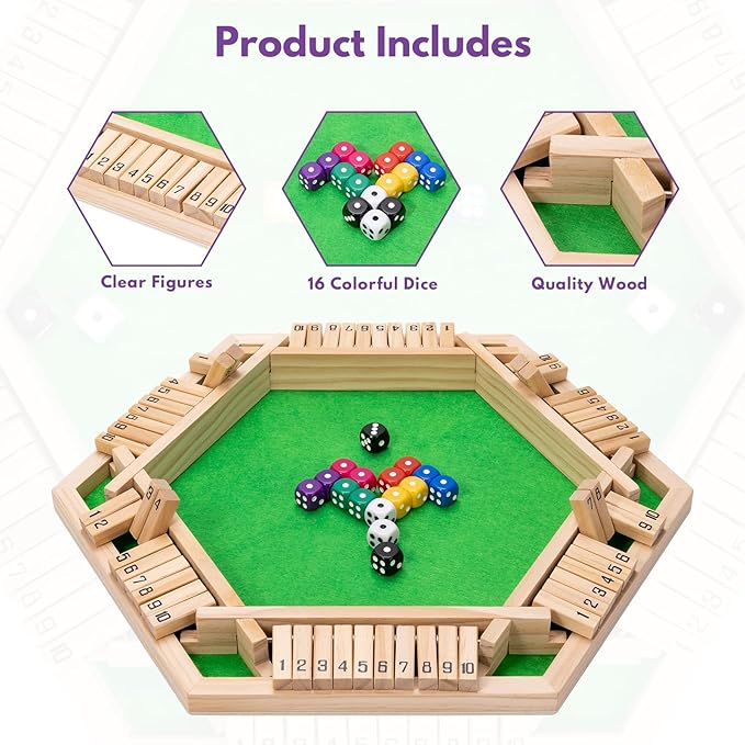 Shut The Box Dice Game - Classic Wooden Tabletop Game for 2-6 Players - Natural Wood Finish Family Board Game for Adults & Kids - Perfect for Parties, Bars, Classroom Math Learning