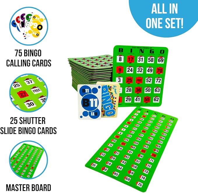 Easy-Read Bingo Kit: The package includes 25 large-print cards with finger-tip sliding windows, a master board, and reusable calling bingo cards.