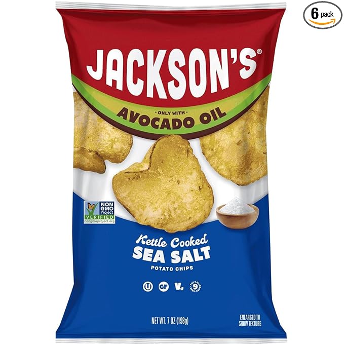 Jackson’s Potato Classic Kettle Chips with Sea Salt (7oz, Pack of 6) - Made with Premium Avocado Oil - Allergen-friendly, Gluten Free, Peanut Free, Vegan, Kosher - Shark Tank Product