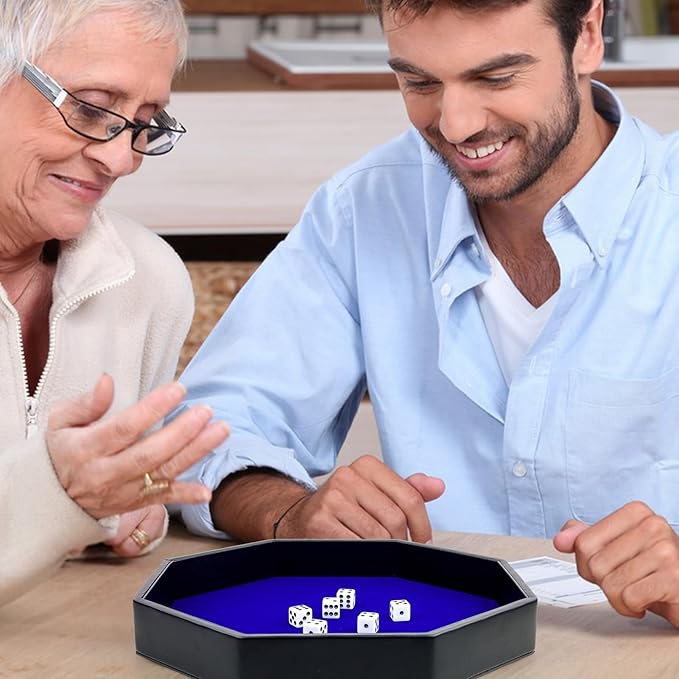 Dice Rolling Tray, Blue Felt Lined PU Leather Octagon Dice Tray for Dungeon Crawler Games