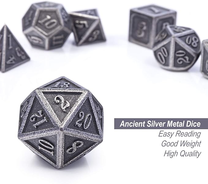 DnDnD Acient Silver Metal DND Dice Set, 7PCS D&D Metal Dice with Metal Case for Dungeons and Dragons, Shadowrun, Pathfinder, Savage World and Table Games