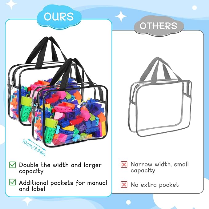 8 Packs Large Toy Storage Bags with Labels&Manual Pocket, Reusable Clear PVC Board Game Storage Bags, Travel Waterproof Organizer Bags with Zipper for Building Blocks, Puzzle, Cosmetic