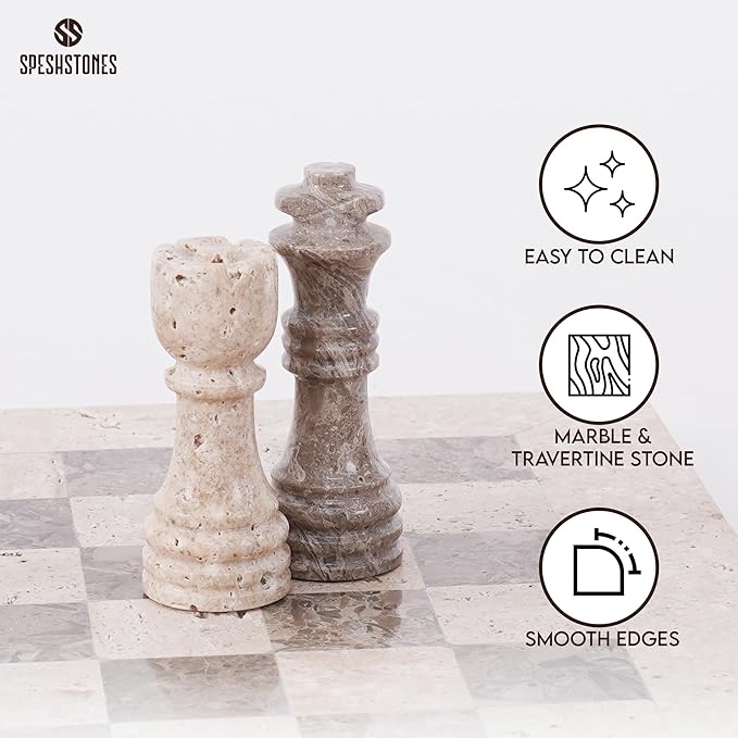 Marble Chess Set 12 Inch Handmade Travertine & Oceanic Board Game with Storage Box, Classic Travel Chess Set for Adults with Pieces & 2 Extra Queens, Elegant Gift & Home Décor