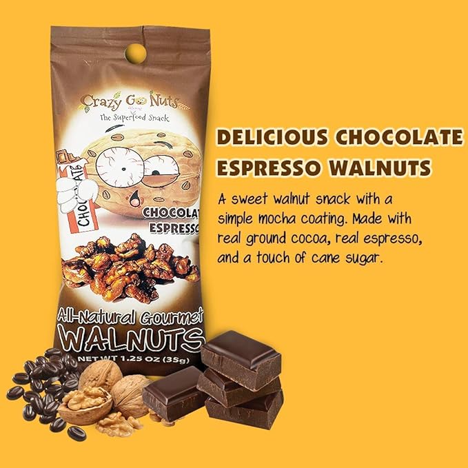 CrazyGoNuts Walnuts - Chocolate Espresso, 1.25 oz, 6-Pack, Healthy Snacks, Vegan, Gluten Free, Superfood, Natural, Non-GMO, ALA, Omega 3 Fatty Acids, Good Fats, Antioxidants