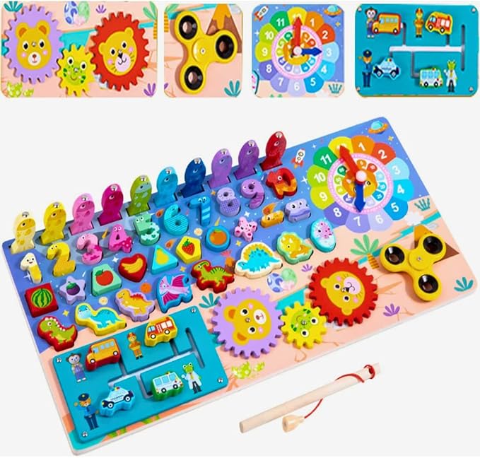 Wooden Number Puzzle Sorting Montessori Toy Busy Board for Toddlers |Shape Puzzle Matching Counting Fishing Game for Ages 2 3 4 5 Years Kids Math Stacking Preschool Educational Learning Activities Toy