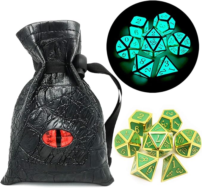 Haxtec Glow in The Dark Glowing Blue Metal Dice Set D&D W/Dragon Dice Bag 7PCS DND Dice Set for Dungeons and Dragons RPG Games-Gold Glowing Blue-V2