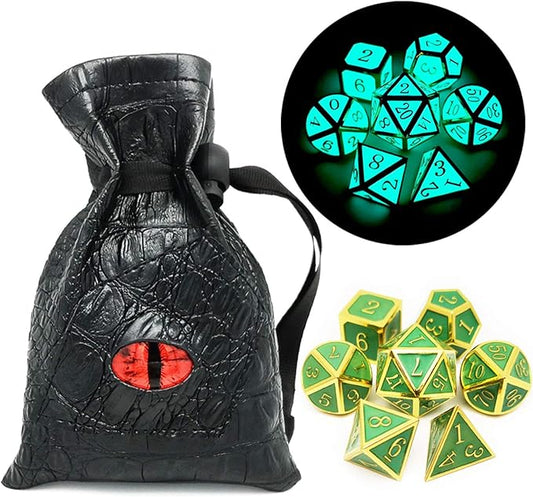 Haxtec Glow in The Dark Glowing Blue Metal Dice Set D&D W/Dragon Dice Bag 7PCS DND Dice Set for Dungeons and Dragons RPG Games-Gold Glowing Blue-V2
