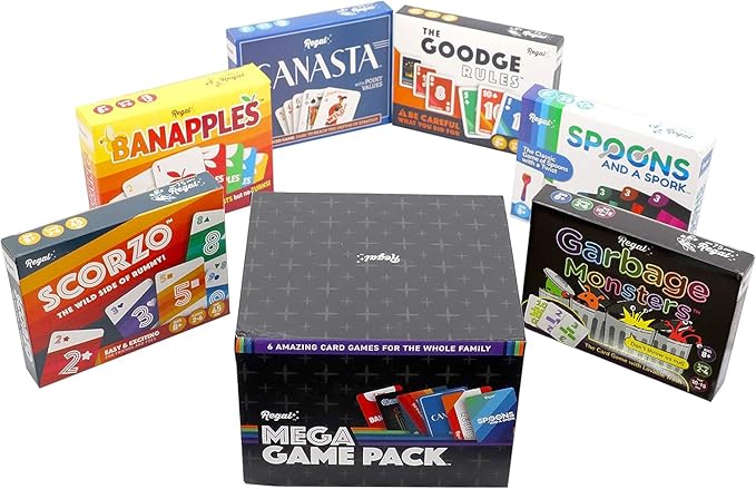 Regal Games Fun Card Games Set for Adults - Canasta, Spoons and a Spork, Garbage Monsters, ScorZo, The Goodge Rules, and Banapples Decks - Fun & Travel Playing Cards for Family Game Night