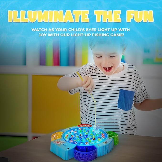 IPIDIPI TOYS Fishing Game for Kids, Light Up Magnetic for Toddlers - Rotating Fish Board with Music and LED, Fine Motor Skill Activity for Boys and Girls - 45 Fish, 8 Poles