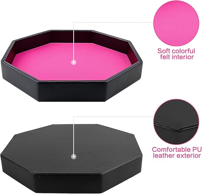 Dice Rolling Tray, Pink Felt Lined PU Leather Octagon Dice Tray for Dungeon Crawler Games