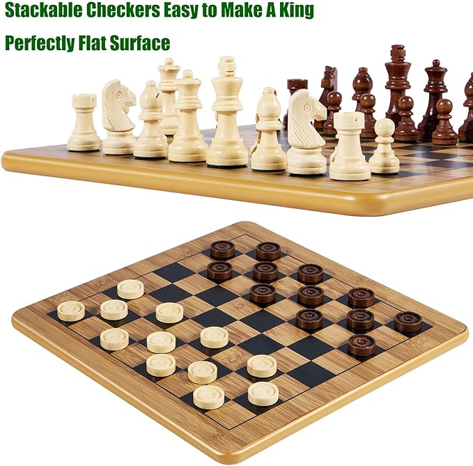 VAMSLOVE Wooden Chess Checkers Tic-Tac-Toe Game Set 11.5" x 11.5" Double-Sided 3 in 1 Board with 34 Chess Pieces - 2 Extra Queens - 24 Interlocking Checkers - Storage Bag - Instructions