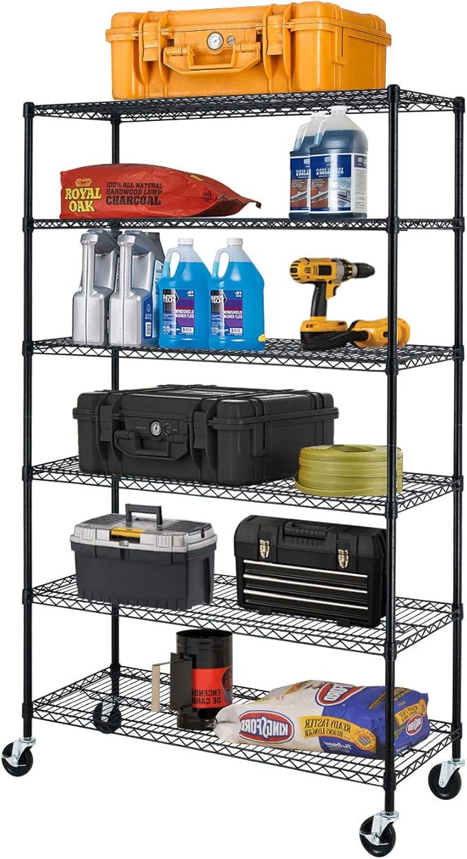 BestOffice NSF Wire Shelving Unit 6-Shelf Large Storage Shelves Heavy Duty Metal Wire Rack Height Adjustable Commercial Grade Utility Storage Rack on 4" Casters 6000LB Capacity 18x48x76,Black