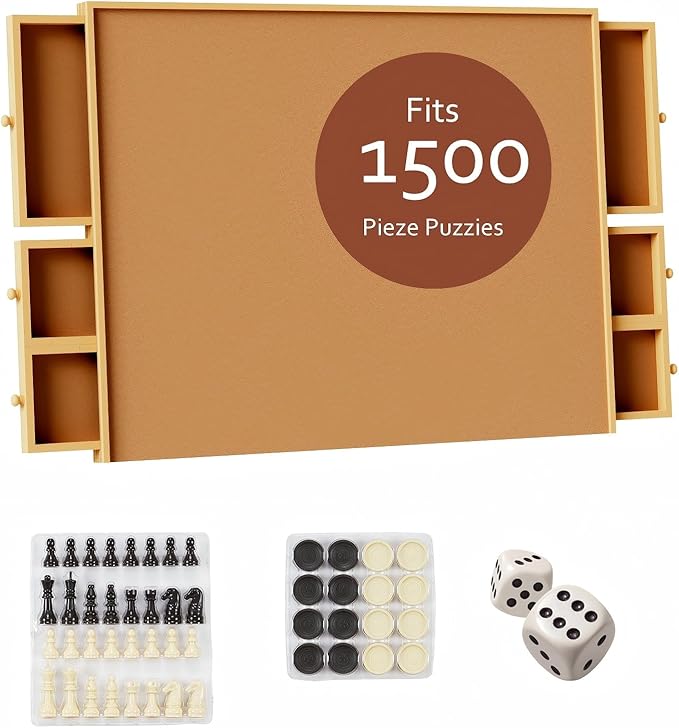 1500 Pieces Puzzle Board with 6 Drawers with Chess Set | 34.8" x 27" Portable Puzzle Table with Cover Mat, Multifunctional Tables for Adults and Kids
