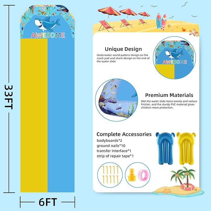 VEEST 33 FT Extra Long Water Slides for Kids Adults, Giant Double Lawn Water Slip Heavy Duty with 2 Bodyboards, Summer Water Slides with Crash Pad for Backyard Outdoor