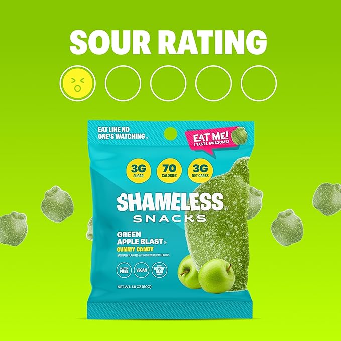Shameless Snacks - Healthy Low Calorie Snacks, Low Carb Keto Gummies (Gluten Free Candy) - 6 Pack Green Apple Blast