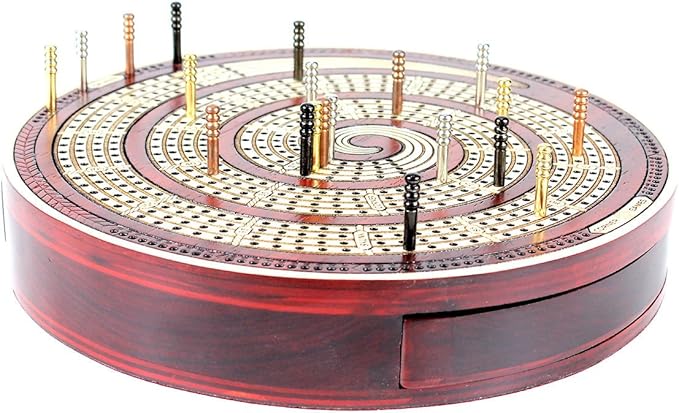 Cribbage Board Spiral Design Round Shape 4 Tracks Bloodwood/Maple with Place for Skunks, Corners & Won Games