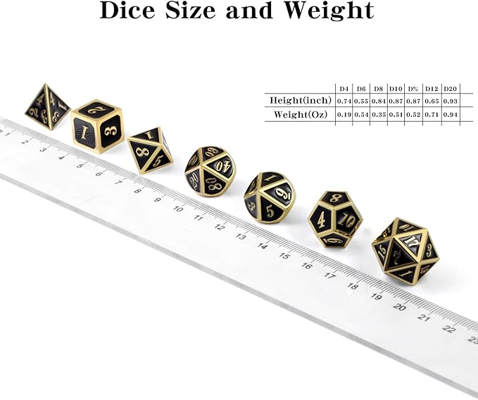 DNDND Metal Dice Set D&D, 7 die Metallic Polyhedral Dice Set with Gift Metal Box and Gold Number for DND Dungeons and Dragons Role Playing Games (Black and Gold)