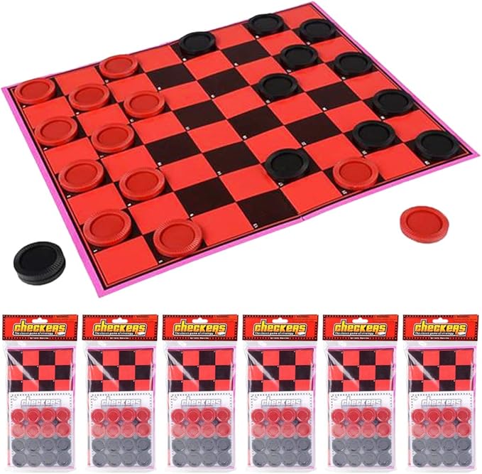 Gamie Checkers Board Game for Kids, Set of 6, Classic Checkers with Red and Black Pieces, Fun Travel Games for Kids and Adults, Cool Birthday Party Favors and Goodie Bag Fillers