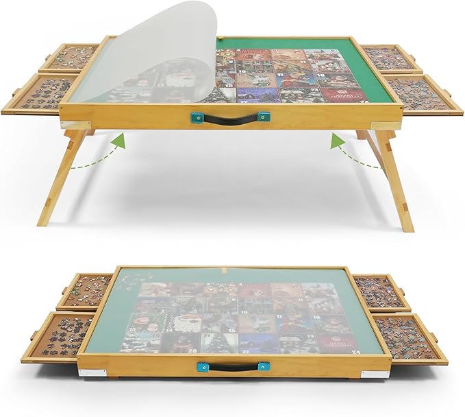 1500 Pieces Puzzle Table with Legs,34.25" x 25.2" Wooden Jigsaw Puzzle Board with 4 Drawers & Cover,3-Tilting Angles