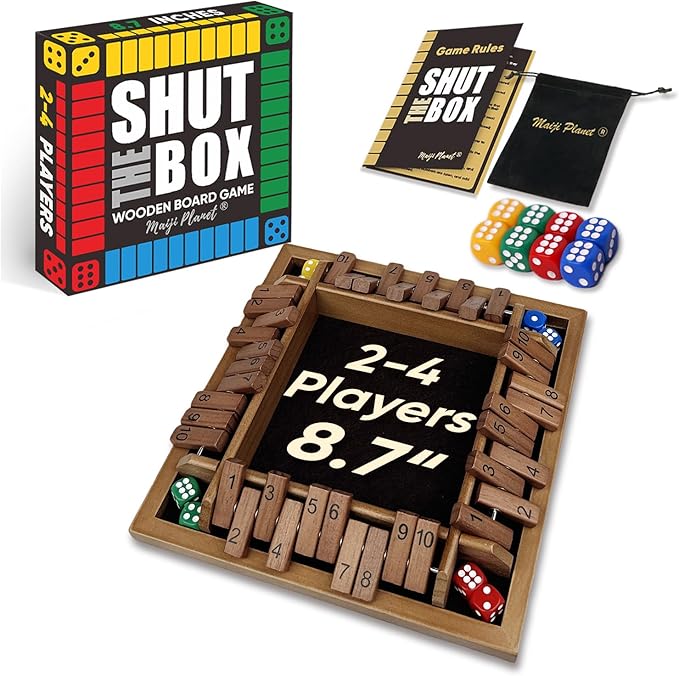 Shut The Box for 2 4 Players Math Family Game Night Quick Dice Game for Party Camp Bar Travel Class School Wooden Classic Table Top Board Game for Adults Kids Couple Elder 8.7" Portable