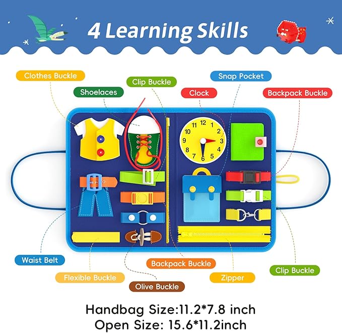 Busy Board Sensory Toys for Toddlers 1 2 3 4, Toddler Travel Activities Educational Toys, Montessori Toys for 2 3 4 Year Old Boys Girls Gift, Little Dinosaur