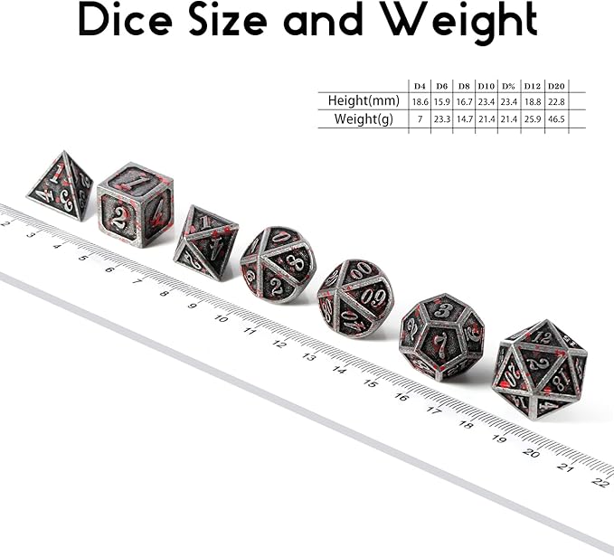 Acient Silver Bloodstained Metal Dice Set DND, DNDND 7PCS Metallic Halloween Die with Metal Case for Dungeons and Dragons Tabletop Games