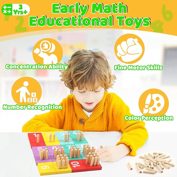 TEUVO Counting Pegs Board Montessori Toys for Kids Aged 3 4 5 6 Years Old, Wooden Early Math and Number Digital Plunger Manipulatives Materials Game for Toddlers Home Kindergarten Daycare Classroom
