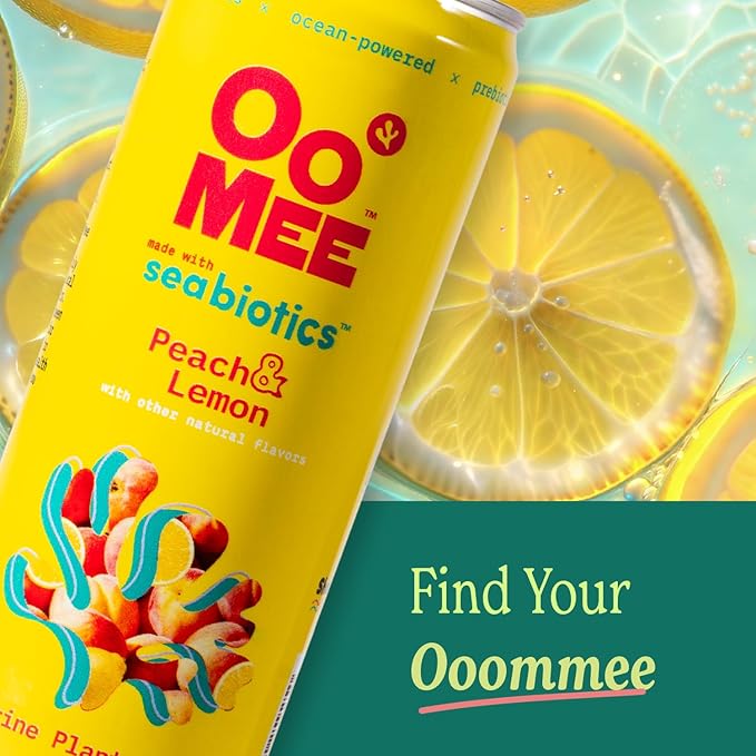 OoMee Prebiotic Drink | Peach & Lemon | Plant-Based Vegan Beverage with Marine-Sourced Agar Prebiotics (Seabiotics) for Digestive & Gut Health Functional Drink – 12oz Cans, 12-Pack