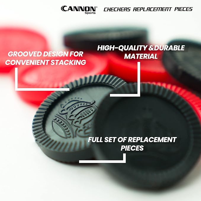 Cannon Sports Checkers Replacement Pieces - 24 Pack Checkers Pieces (12 Black, 12 Red) - Plastic Stackable Checkers for Board Games