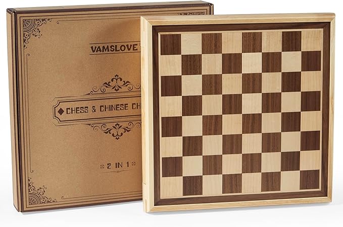 VAMSLOVE 13" Chess Chinese Checkers 2 in 1 Wooden Board Game Set with Pieces Storage Drawer - 2 Extra Queens, Bonus Marbles, for Birthday Gift (Instructions Included)