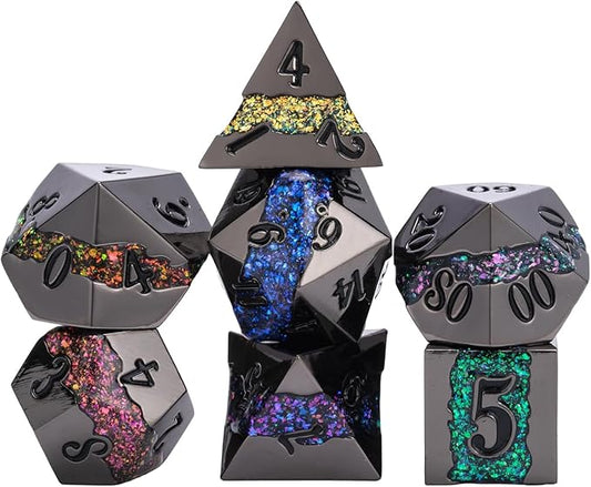 D&D Dice Set Metal,Large Striped Glitter Dice Set.RPG Polyhedral Dice 7pcs Set