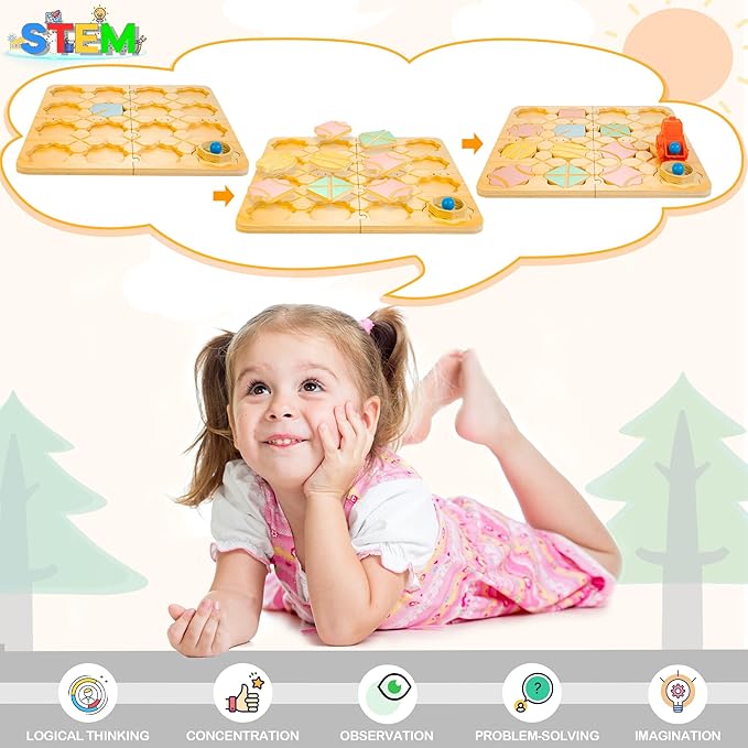 Wooden Logical Road Builder Games, STEM Puzzle Family Board Games, Educational Brain Teaser Puzzle Toys for Boys Girls Ages 4-8, Maze Builder Set