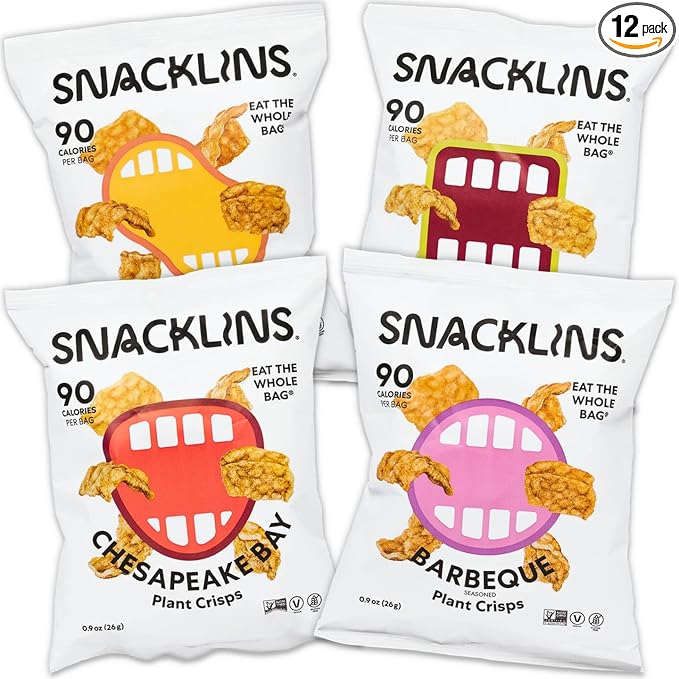 SNACKLINS Plant Based Crisps 4 Flavor Variety - Nacho, BBQ, Teriyaki, Chesapeake Bay - Gluten Free, Grain Free, 100% Kosher, Vegan Healthy Snacks, No Added Sugar Crunchy Puffed Snack Only 90 Calories Per Bag - .9oz Bag (Case of 12)
