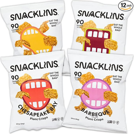 SNACKLINS Plant Based Crisps 4 Flavor Variety - Nacho, BBQ, Teriyaki, Chesapeake Bay - Gluten Free, Grain Free, 100% Kosher, Vegan Healthy Snacks, No Added Sugar Crunchy Puffed Snack Only 90 Calories Per Bag - .9oz Bag (Case of 12)