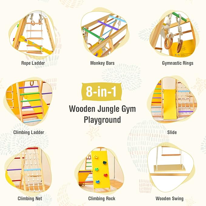 Costzon Indoor Jungle Gym, 8-in-1 Montessori Climbing Toys for Toddlers with Slide, Climbing Rock/Net, Monkey Bars, Indoor Wooden Playground Climber Playset for Kids 3-6 Years Birthday