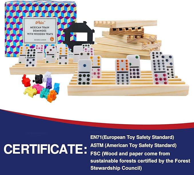 Mexican Train Double 12 Dominoes Set with 8 Trays, 9 Markers, 91 Tiles, 2 Scoreboards & Hub - Complete Family Board Game for Adults & Kids, Travel Friendly Dominoes Game Set for 2-8 Players