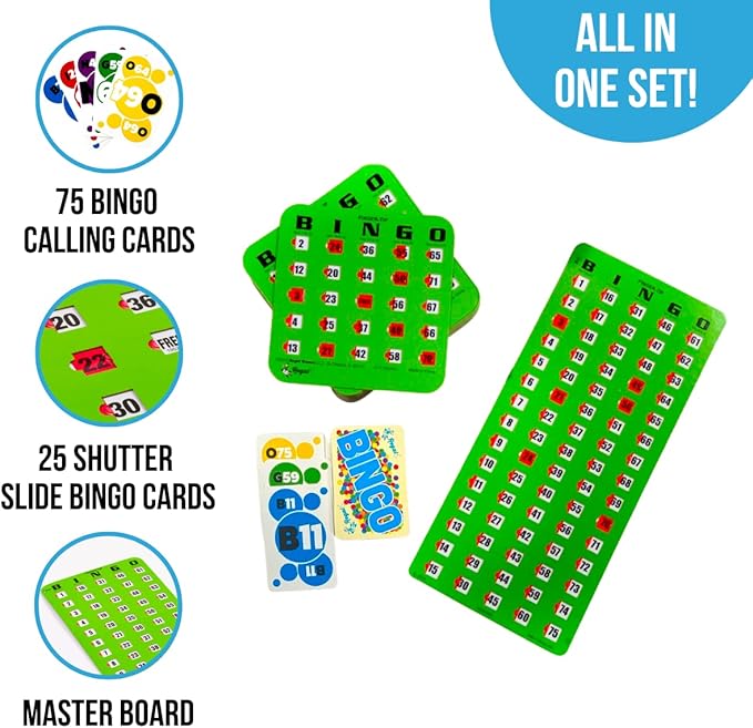 Regal Bingo Finger-Tip Shutter Bingo Cards Set w/Sliding Windows - 25 Bingo Shutter Cards, 75 Reusable Calling Cards, 1 Master Board - Ideal for Family Fun Night - No Chips & Daubers Needed - Green