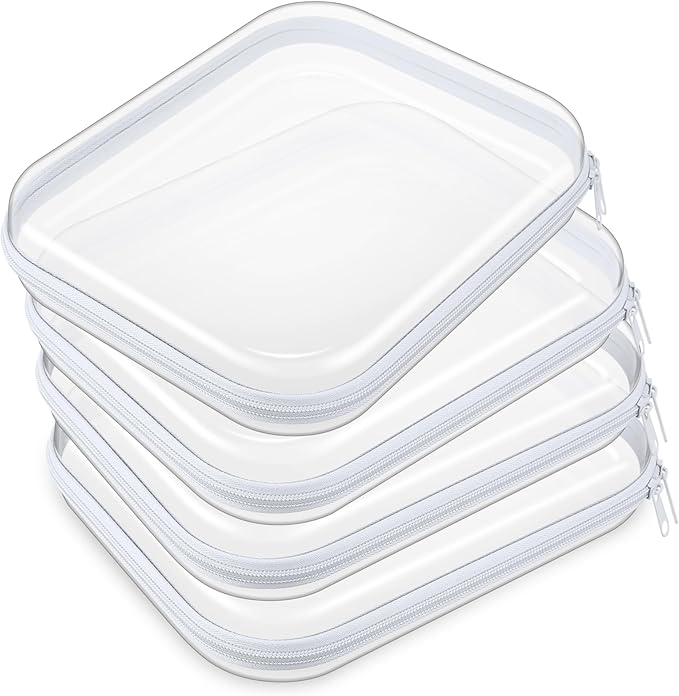 Hoolerry 4 Pcs Hard Clear Zipper Case Transparent Cases for Snacks Makeup Bag Plastic Storage Box Containers for Building Blocks, Puzzles, Cosmetics(White,9.8 x 7.9 x 2 in)