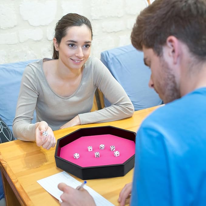 Dice Rolling Tray, Pink Felt Lined PU Leather Octagon Dice Tray for Dungeon Crawler Games