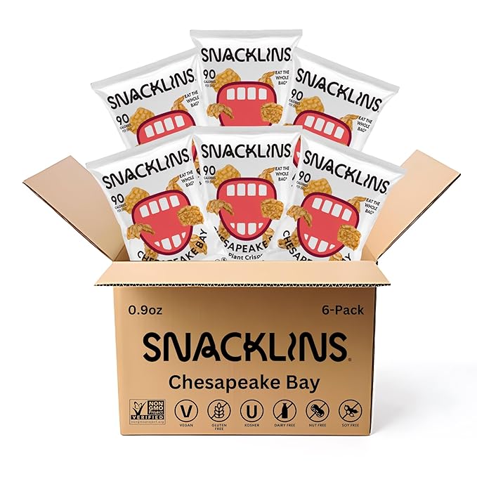 SNACKLINS Plant Based Crisps CHESAPEAKE BAY - Gluten Free, Grain Free, 100% Kosher, Vegan Healthy Snacks, Crunchy Puffed Snack, Only 90 Calories Per Bag - .9oz Bag (Case of 6)