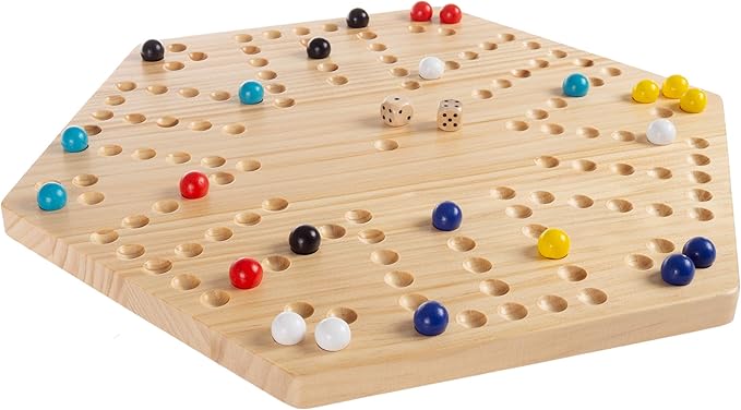Hey! Play! Classic Wooden Strategic Thinking Game-Complete Set with Board, 24 Colored Marbles, 2 Dice-Fun Vintage 6-Player Game for Kids and Adults