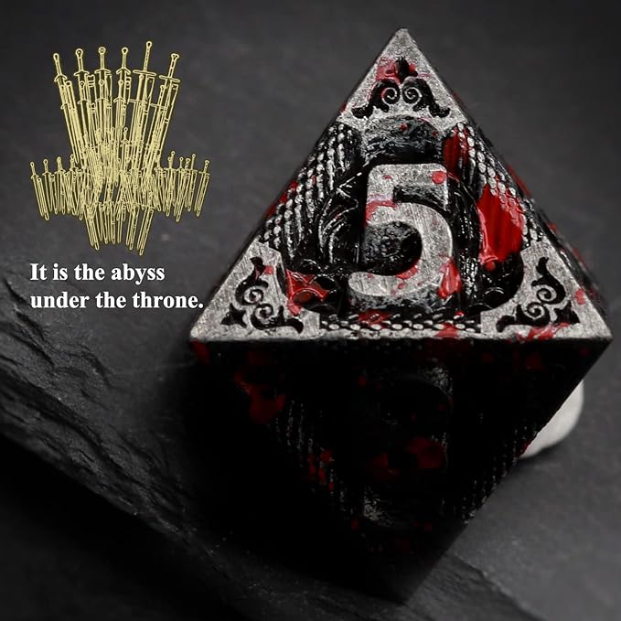 Haxtec Bloodstained Metal DND Dice Set - Antique Iron Blood Metal D&D Dice Set with Dragon Scale and Leather Dice Bag - Polyhedral Dice for Dungeons and Dragons TTRPG Gifts