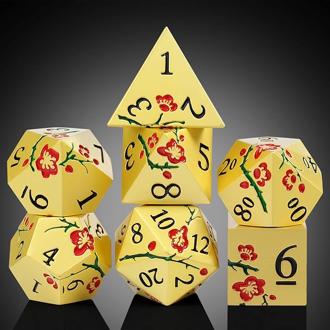 DNDND Flowers Metal Dice, 7 PCS Metallic DND Dice with Gorgeous Gift Case for D&D Dungeons and Dragon Tabletop Game (Red Flowers with Gold)