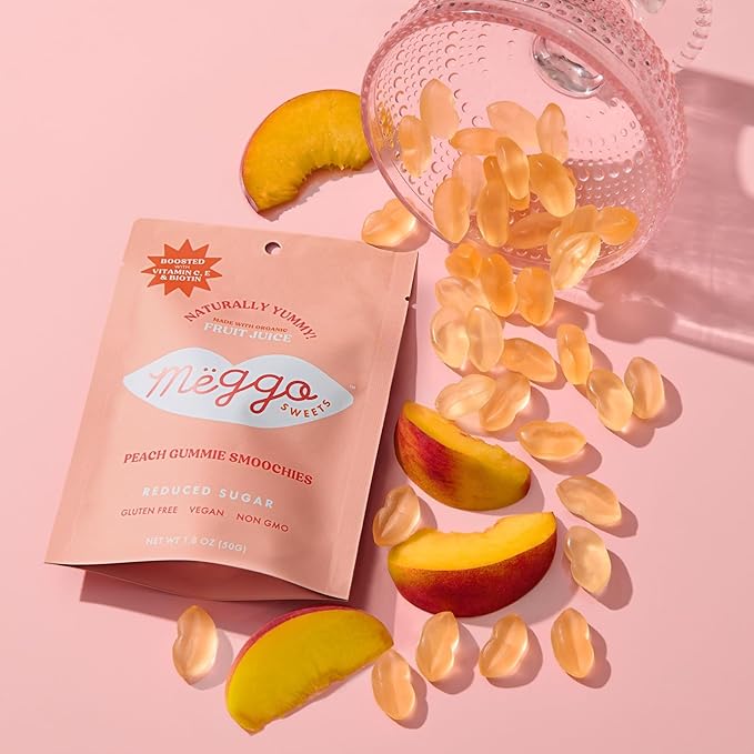 Meggo Sweets Gummie Smoochies Variety Pack | Peach, Honeydew, Sour Strawberry | Natural Fruit Pectin Candy | Vitamin C, E, Biotin | No Cane Sugar | Organic Juice Concentrate | Sweet and Sour Mix | Gluten Free, Vegan, Non-GMO